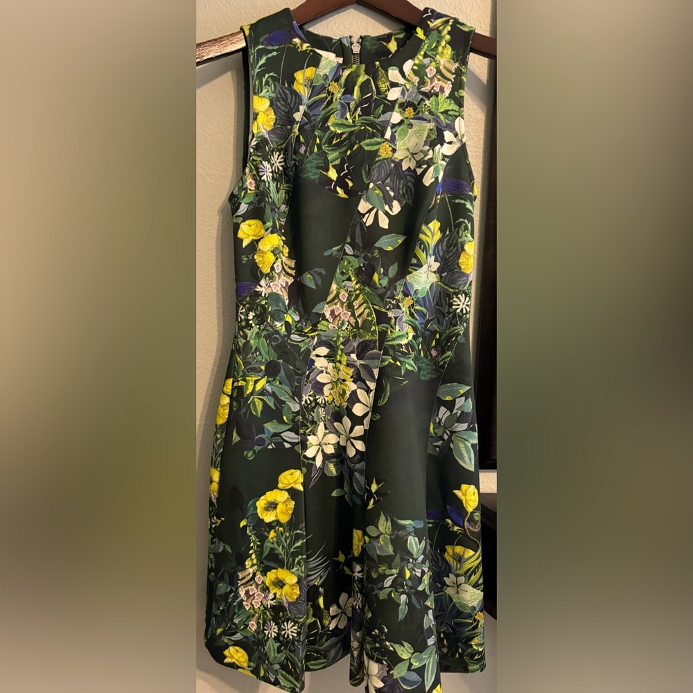 Ted Baker size 1 dark/hunter green floral hint of yellow white A line dress.